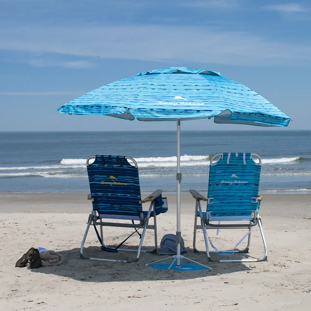 Premium Tommy Bahama beach chairs and umbrella setup on Myrtle Beach